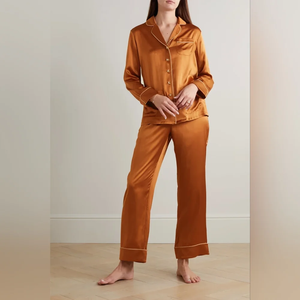 Olivia Von Halle Coco Celandine Silk Embellished Luxurious Pajama Set Large